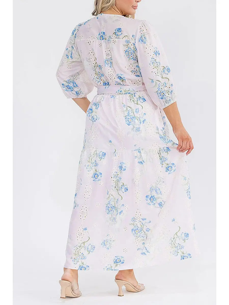 Surplice Self Tie Eyelet Floral Print Maxi Dress