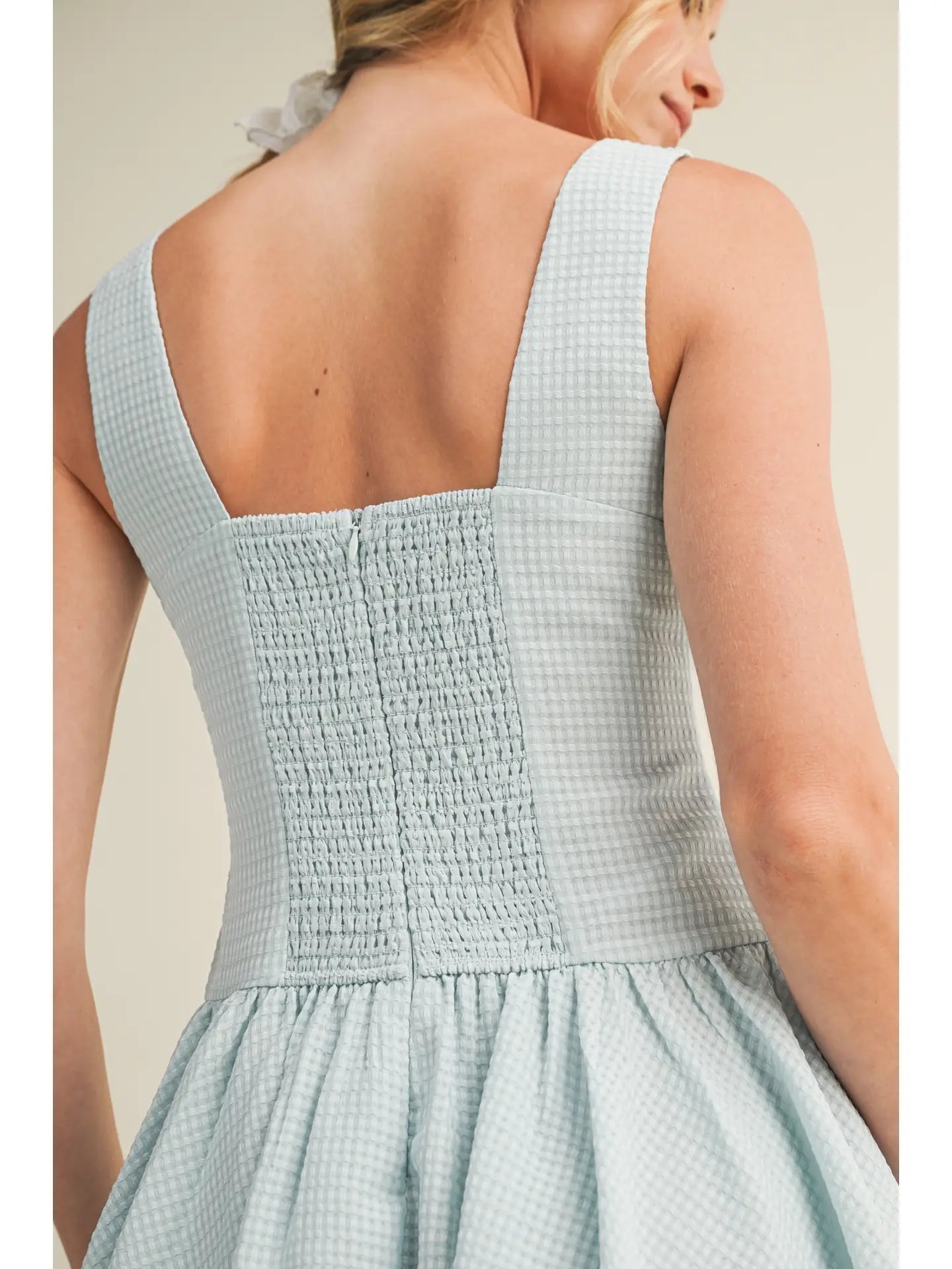 Seersucker Square Neck Drop Waist Dress