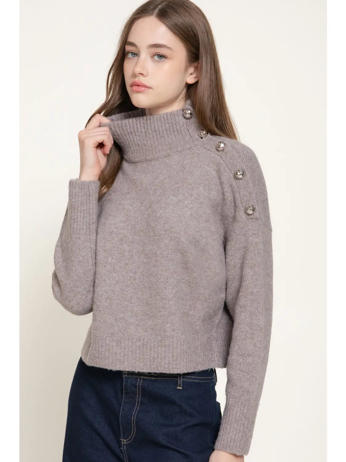 Long Sleeve High Neck Metal Embellishment Button Detail Sweatshirt