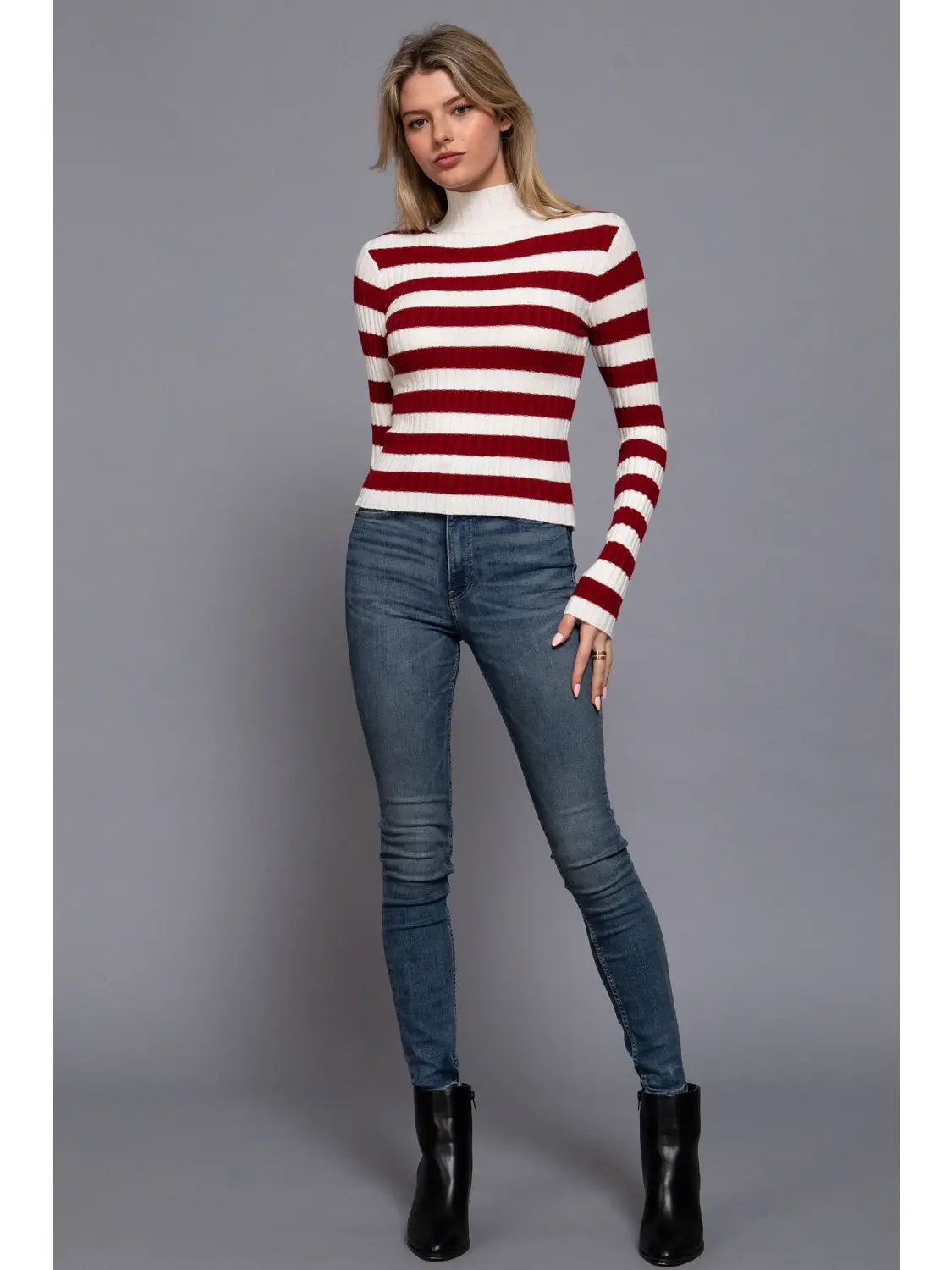 Long Sleeve Mock Neck Stripe Sweater
