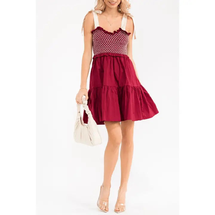 sleeveless smocked maroon sun dress
