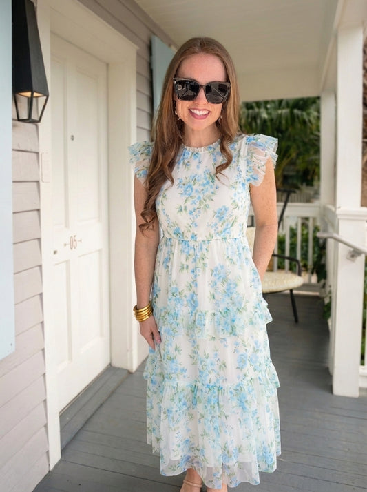 Floral Tulle Pattern Smocked Tiered Midi Dress