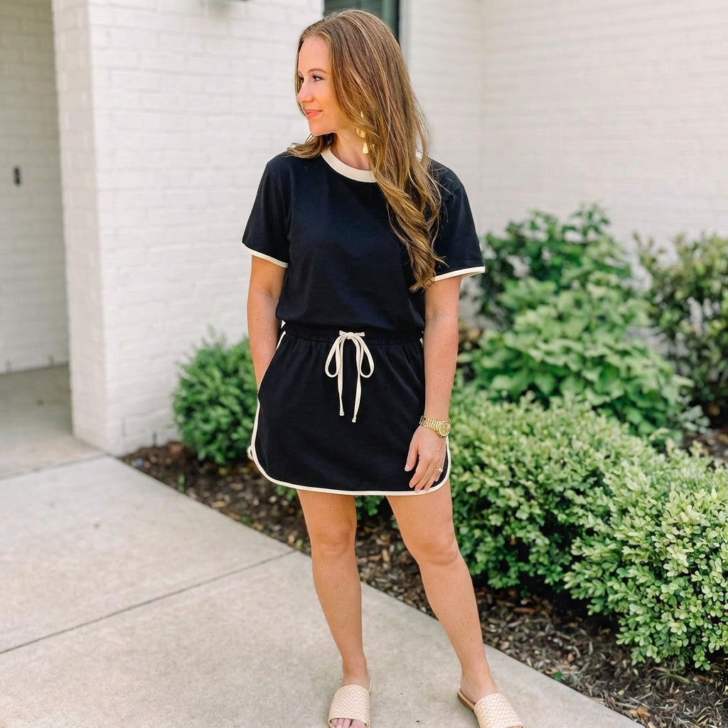 Black Colorblock Edge Drop Shoulder T Shirt and Skort 2Pcs Set