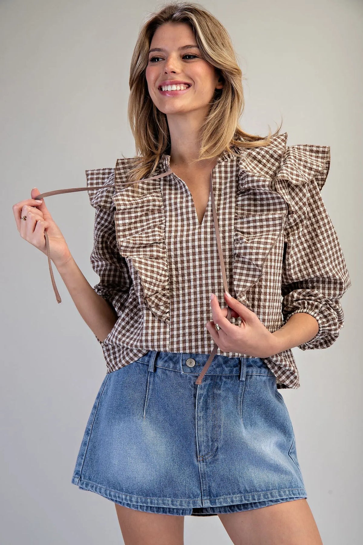 Gingham Print Ruffled Blouse