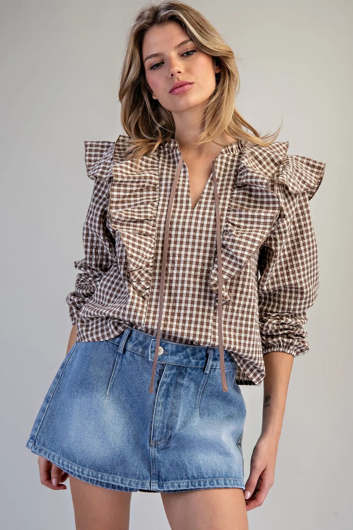Gingham Print Ruffled Blouse