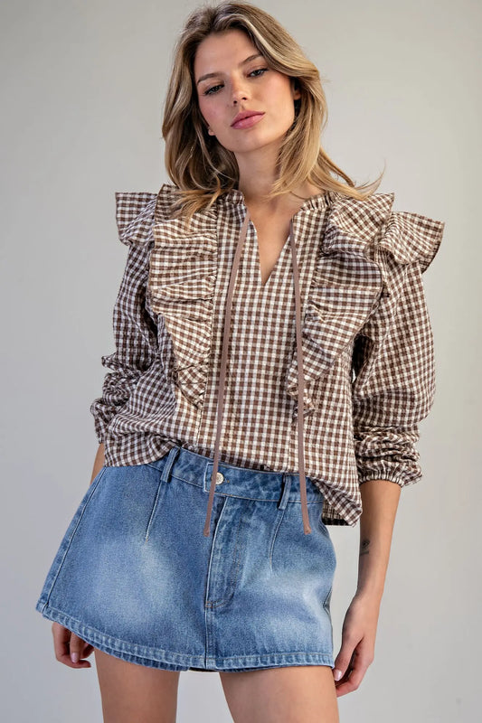 Gingham Print Ruffled Blouse