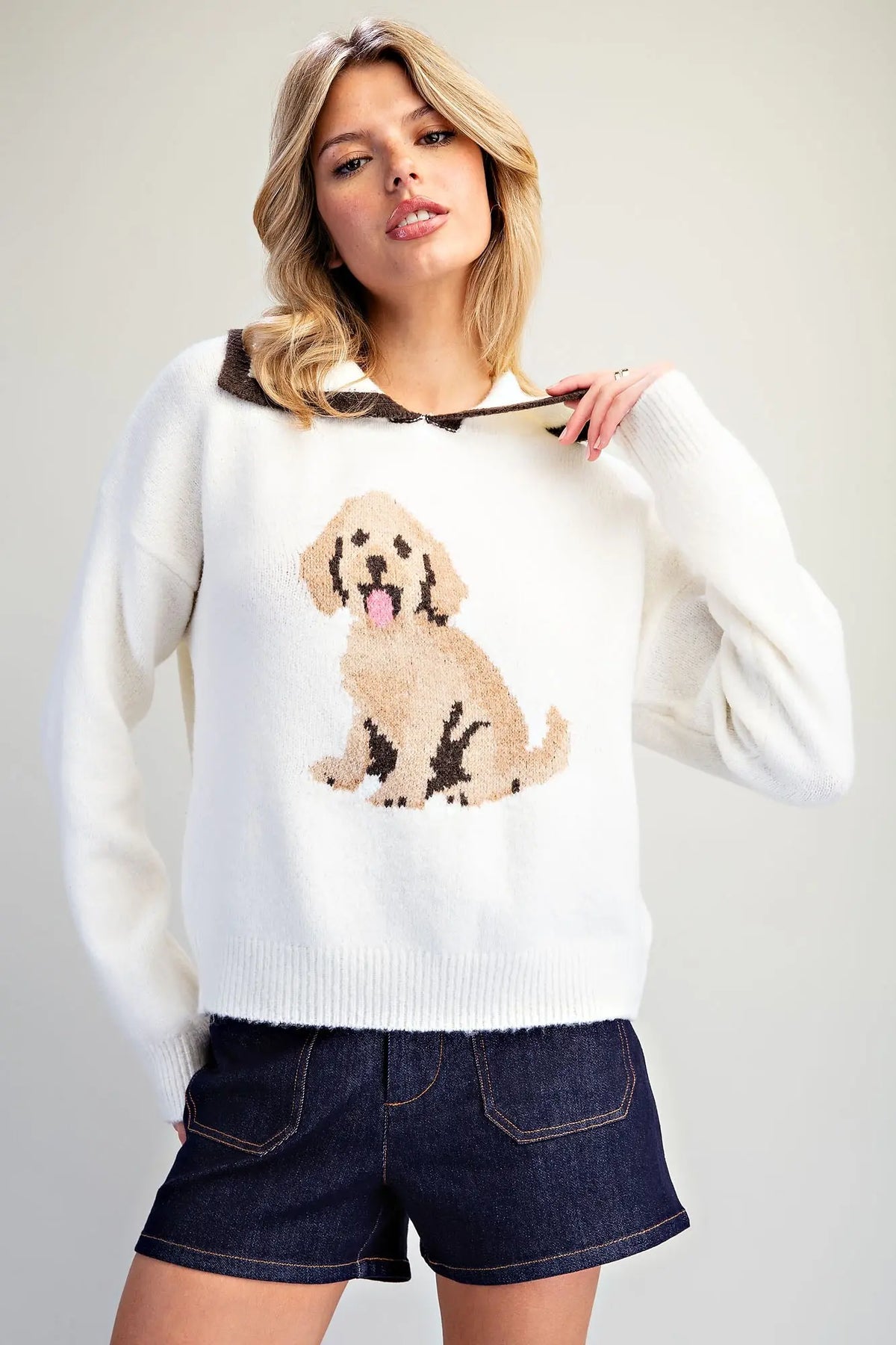 Puppy Graphic Contrast Collar Sweater
