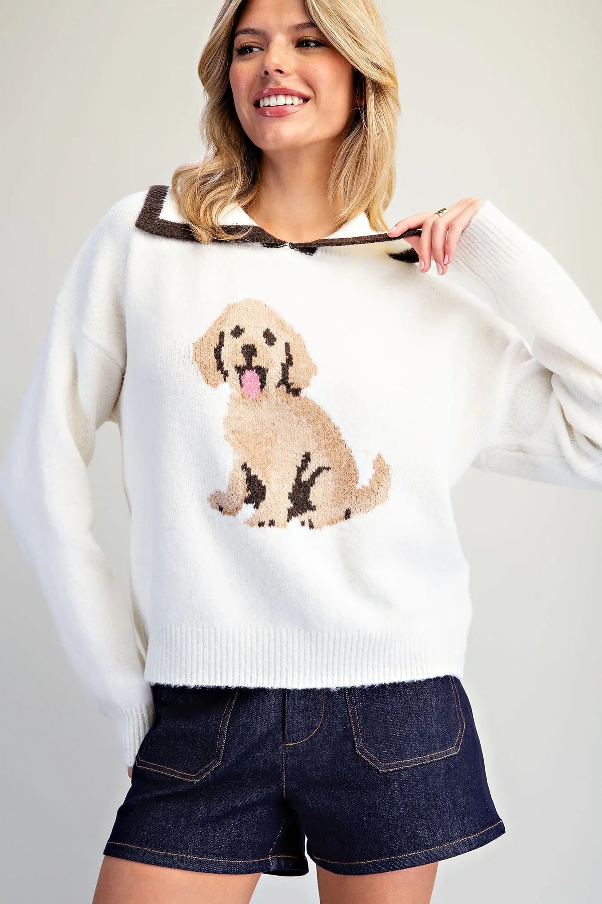 Puppy Graphic Contrast Collar Sweater