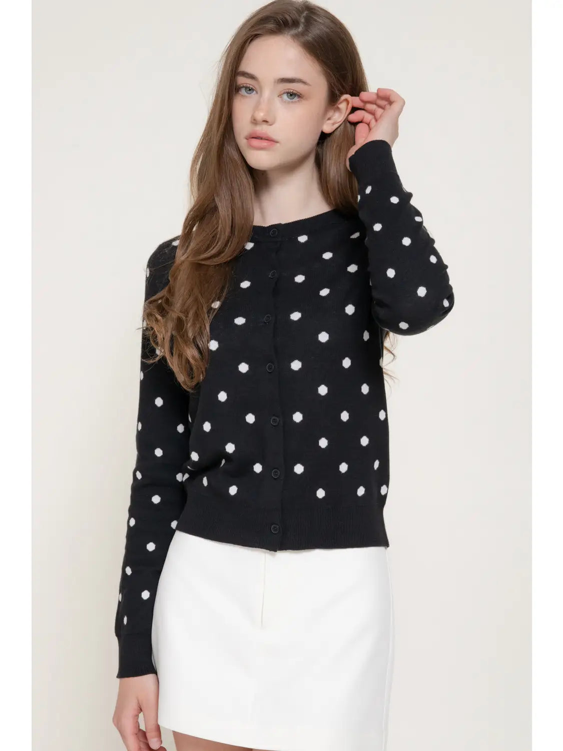 Long Sleeve Crew Neck Button Down Dot Sweater Cardigan