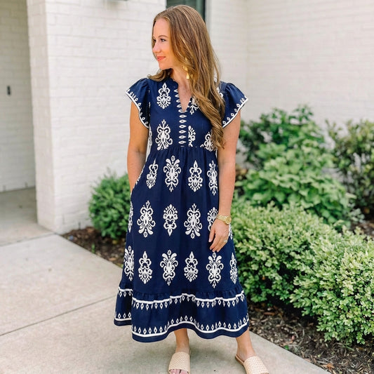 Navy Print Notched Neck Short Sleeve Midi Dress