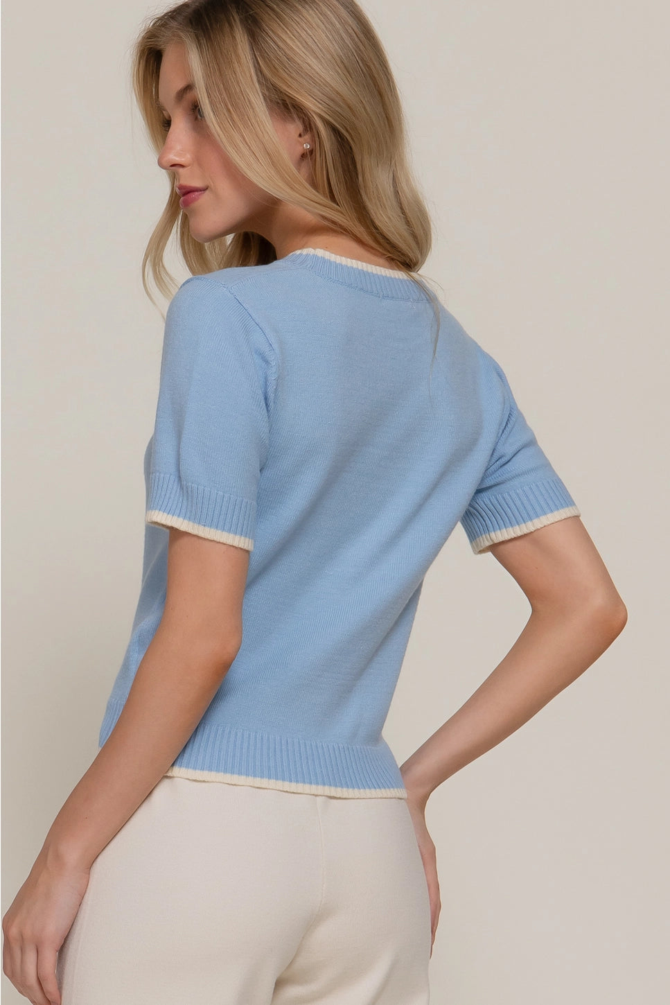 Short Sleeve Flocked Bear Crew Neck Knit Top