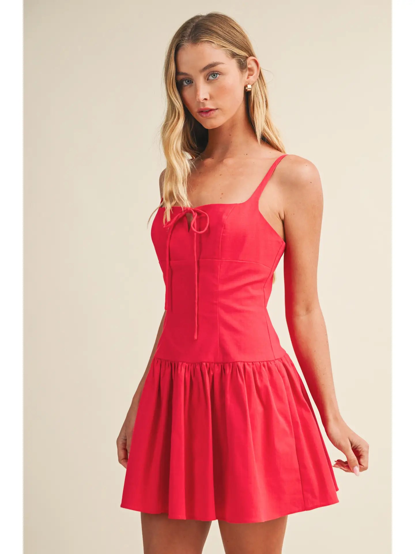 Square Neck Tie-Front Flared Dress