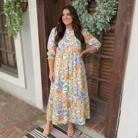 Khaki Floral Print 3/4 Sleeves Tiered Plus Size Long Dress