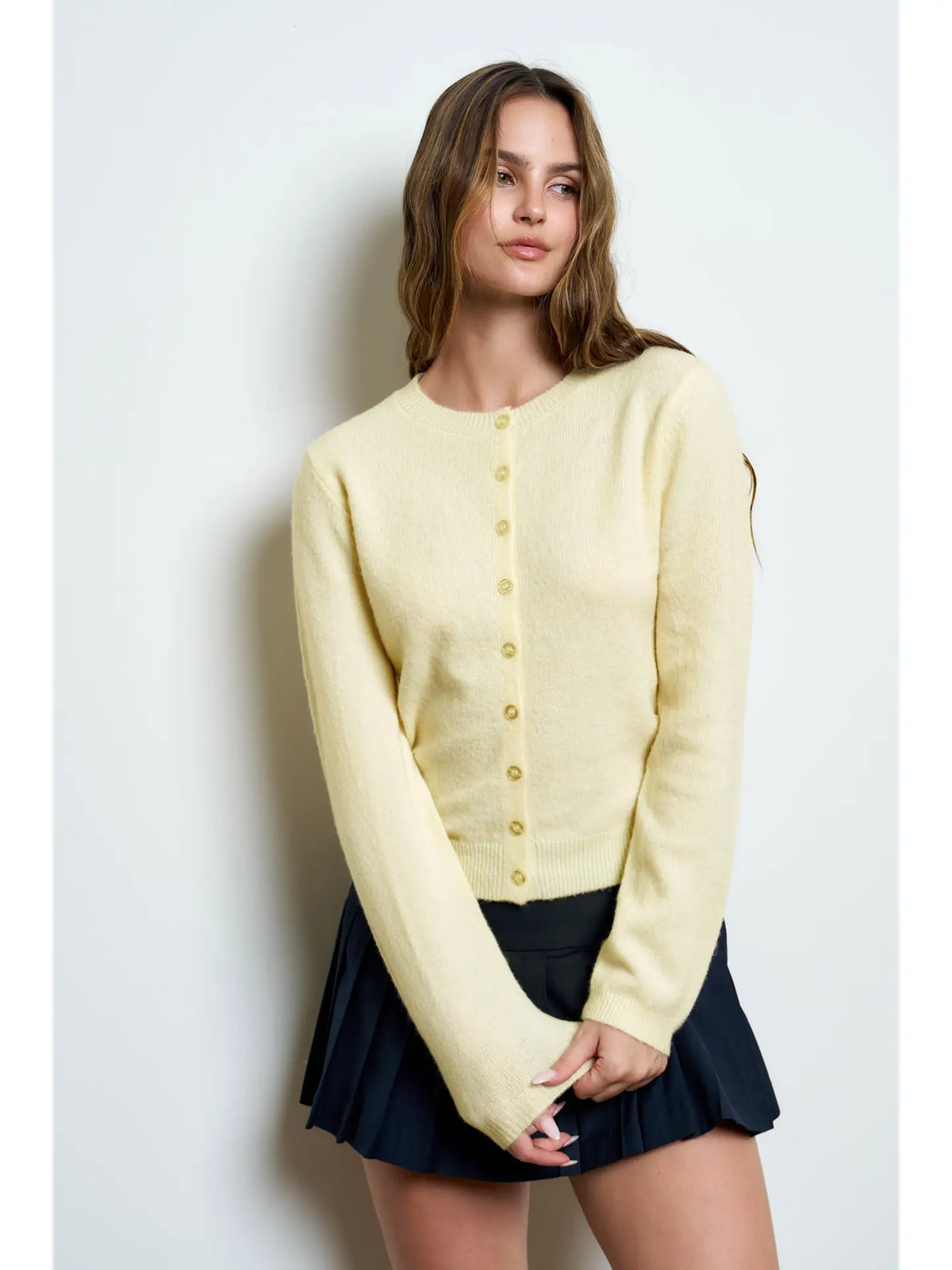 Round Neck Button Down Long Sleeve Cardigan