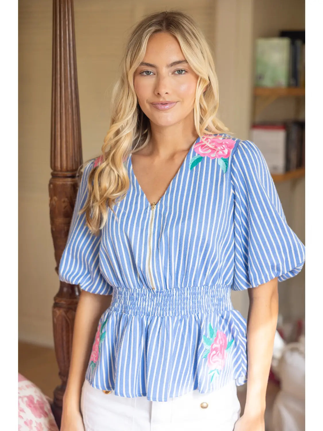 Stripe Contrast Detail Floral Embroidered Top
