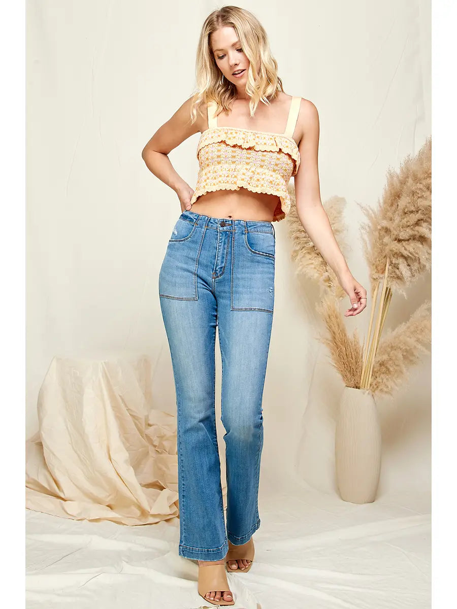 High Rise Out-Stitch Pockets Flare Jeans