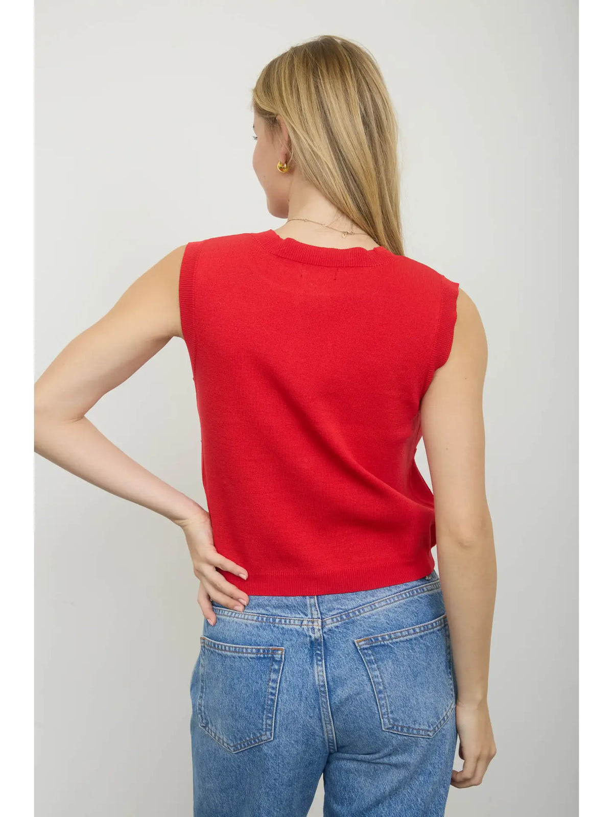 Gold Button Round Neck Knit Cardigan Vest