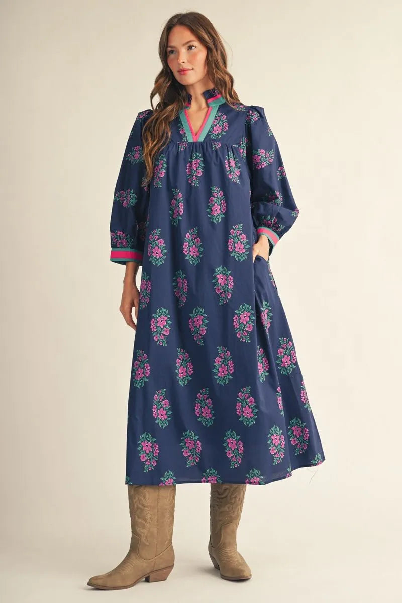 Puff shoulder 3/4 sleeves floral midi dress