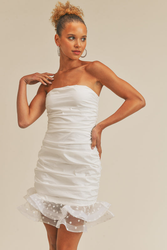Strapless Ruched Mini Dress With Structured Bottom