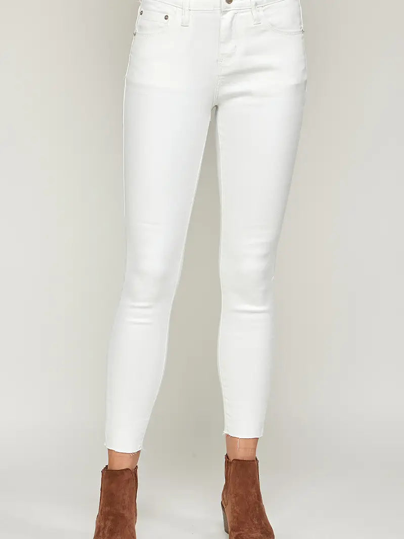 White - Mid Rise Raw Hem Classic Skinny Jeans