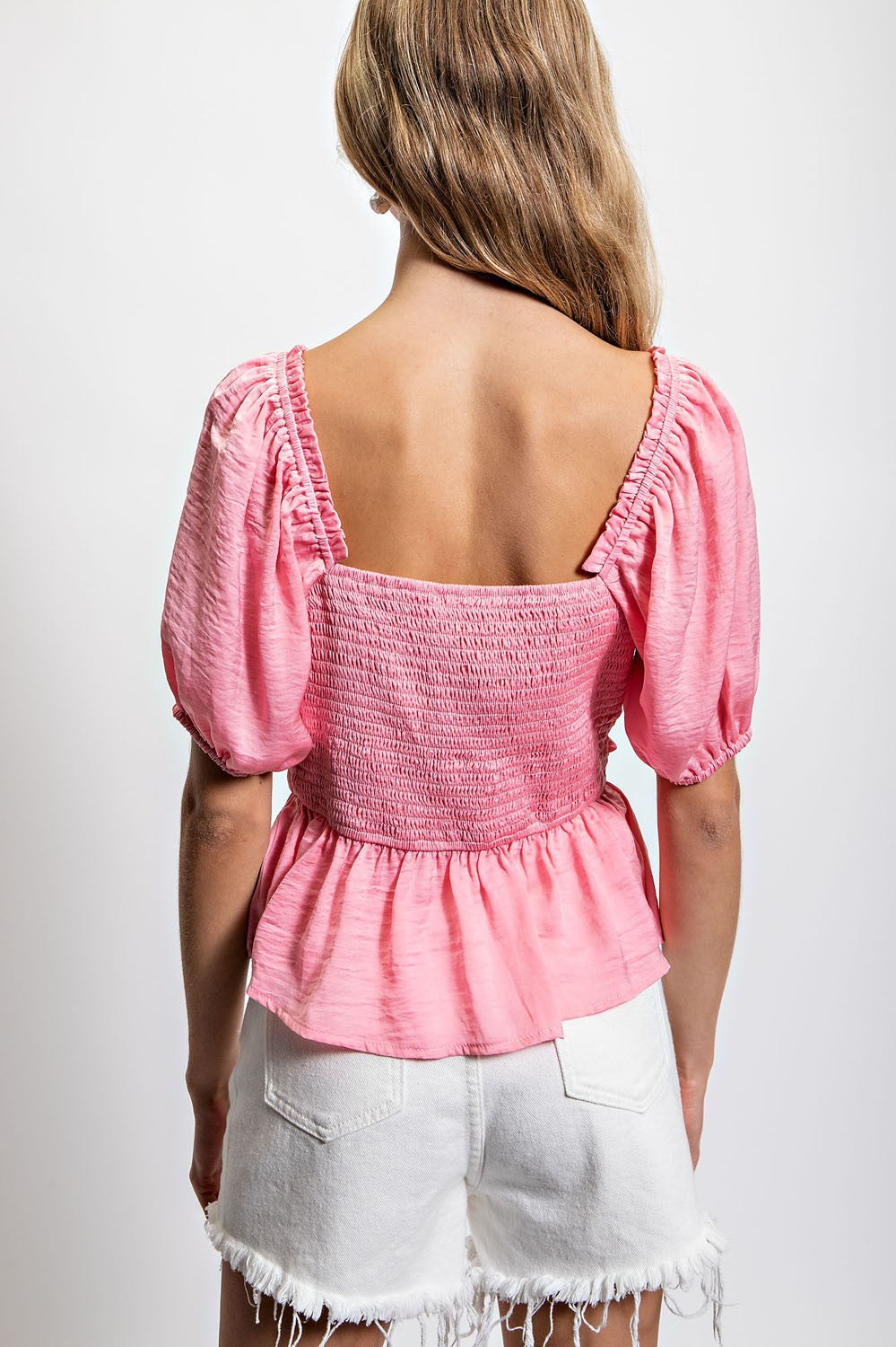 Washed Satin Puff Short Sleeve Ruching Top