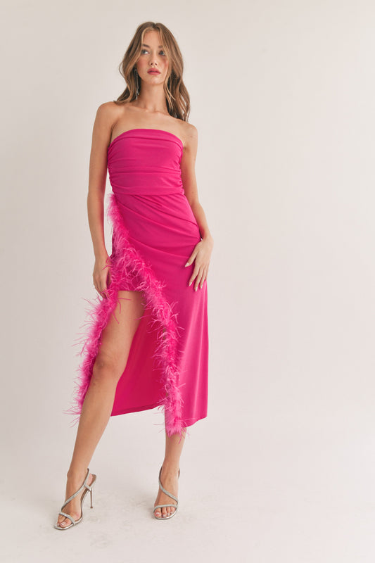 Feather Detailed Side Slit Tube Midi Dress