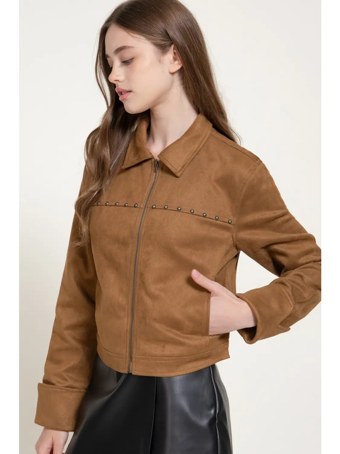 Long Sleeve Faux Suede Jacket with Stud Detail
