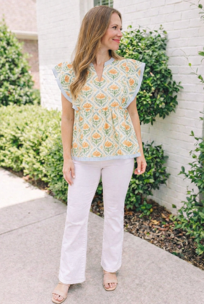 blue and orange ruffle top
