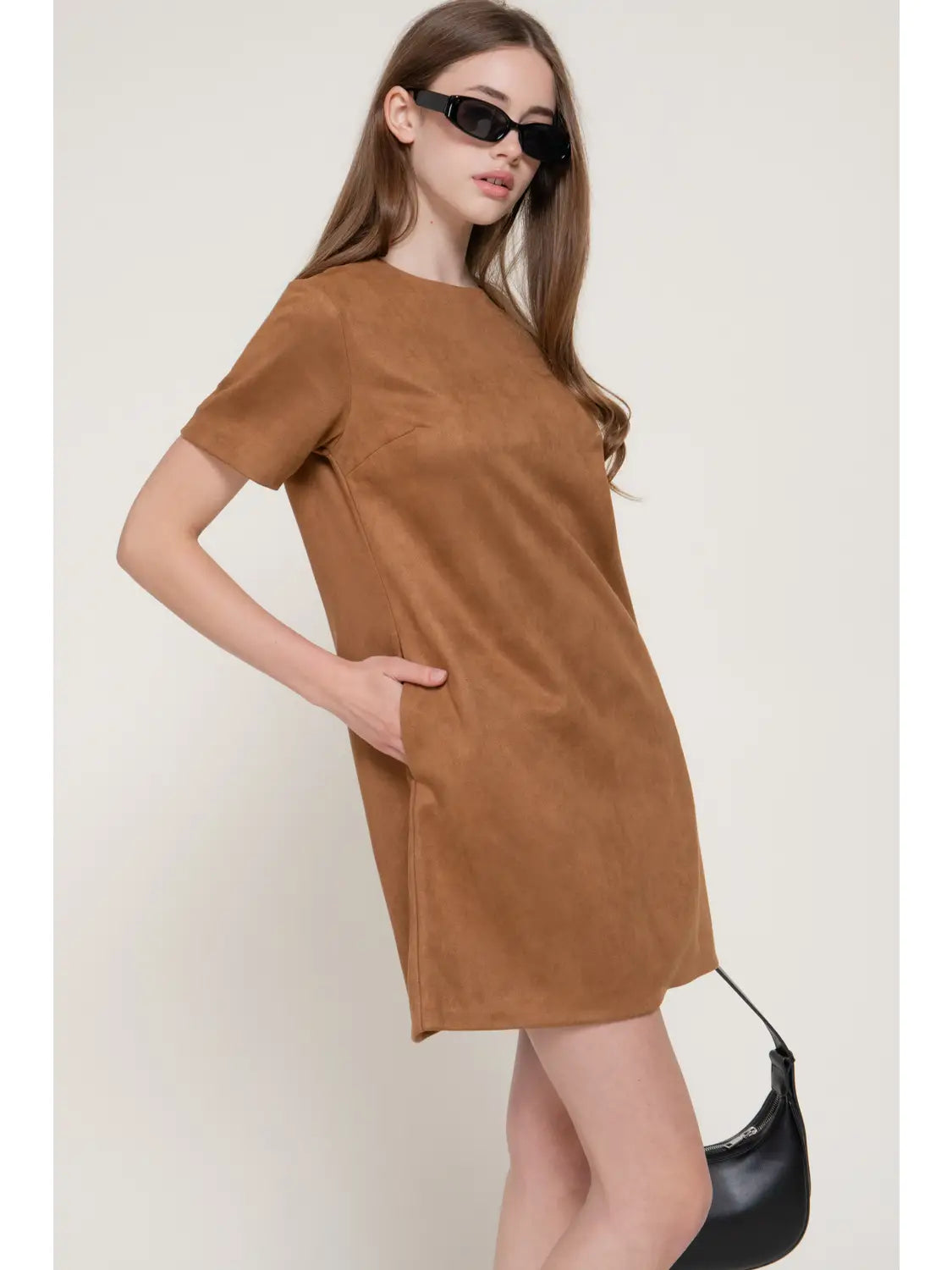 Short Sleeve Round Neck Semi A-Line Faux Suede Mini Dress