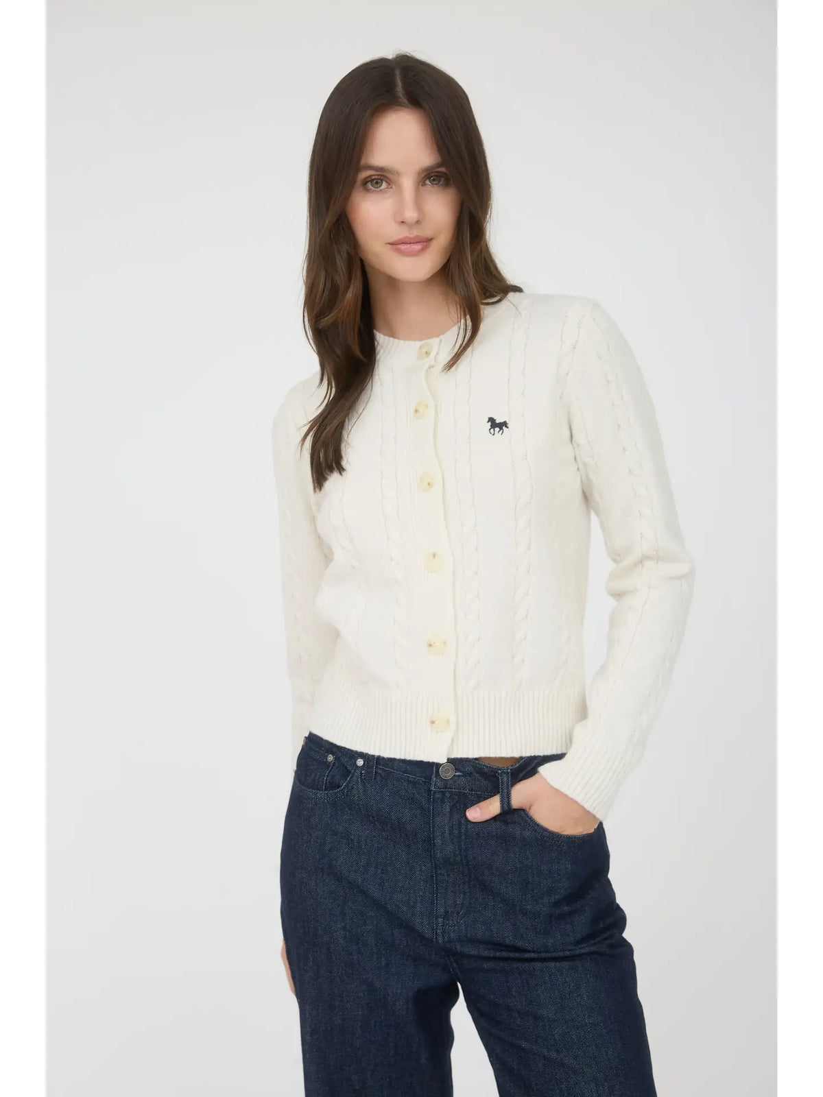 Horse Embroidery Cable Knit Cardigan