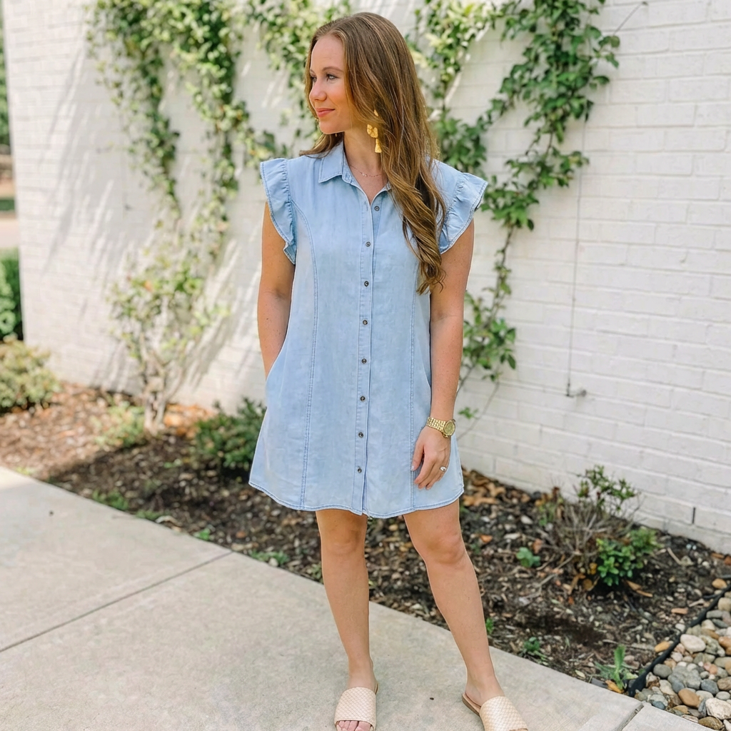 Washed Button Down Ruffle Short Sleeve Dress