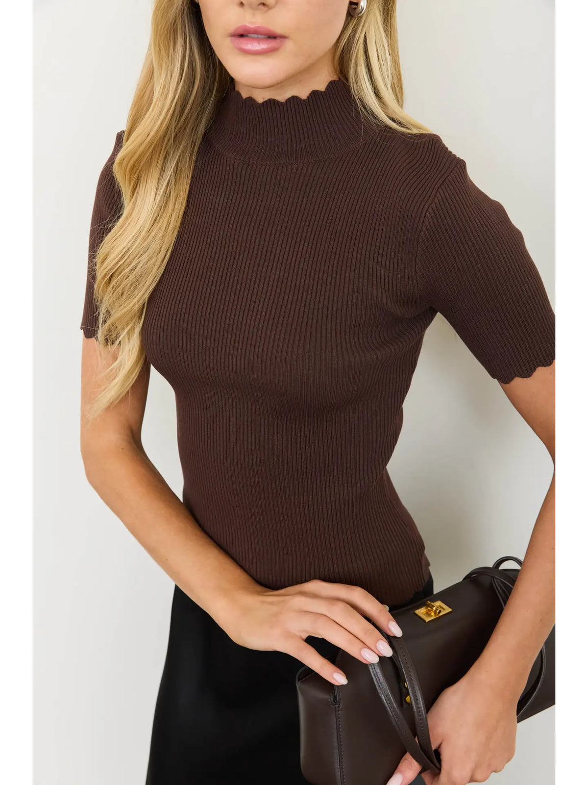 Scallop Mock Neck Short Sleeve Sweater