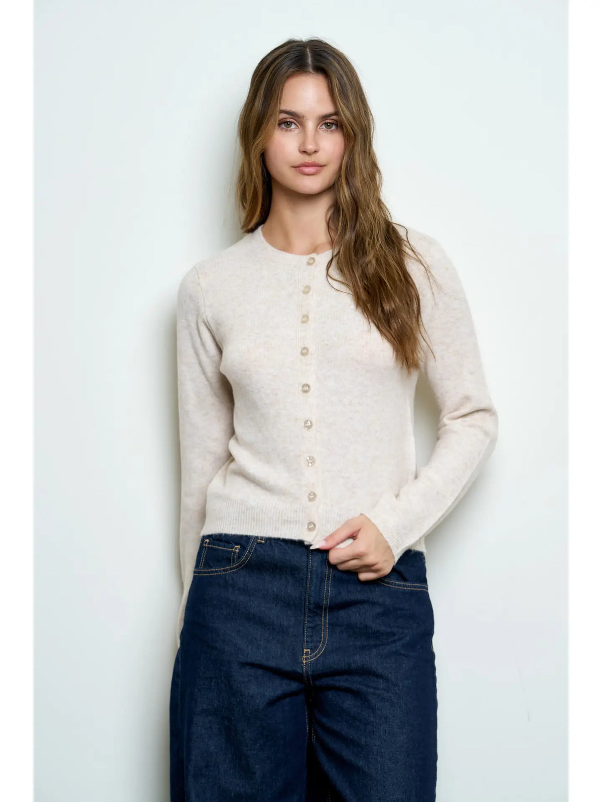Round Neck Button Down Long Sleeve Cardigan