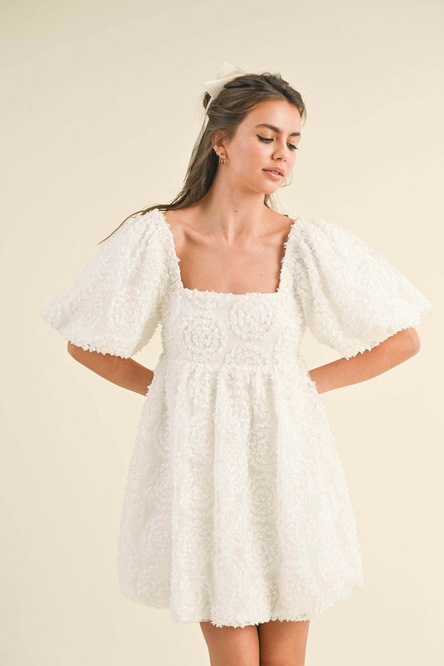3d Aplique Mesh Puff Sleeve Balloon Mini Dress