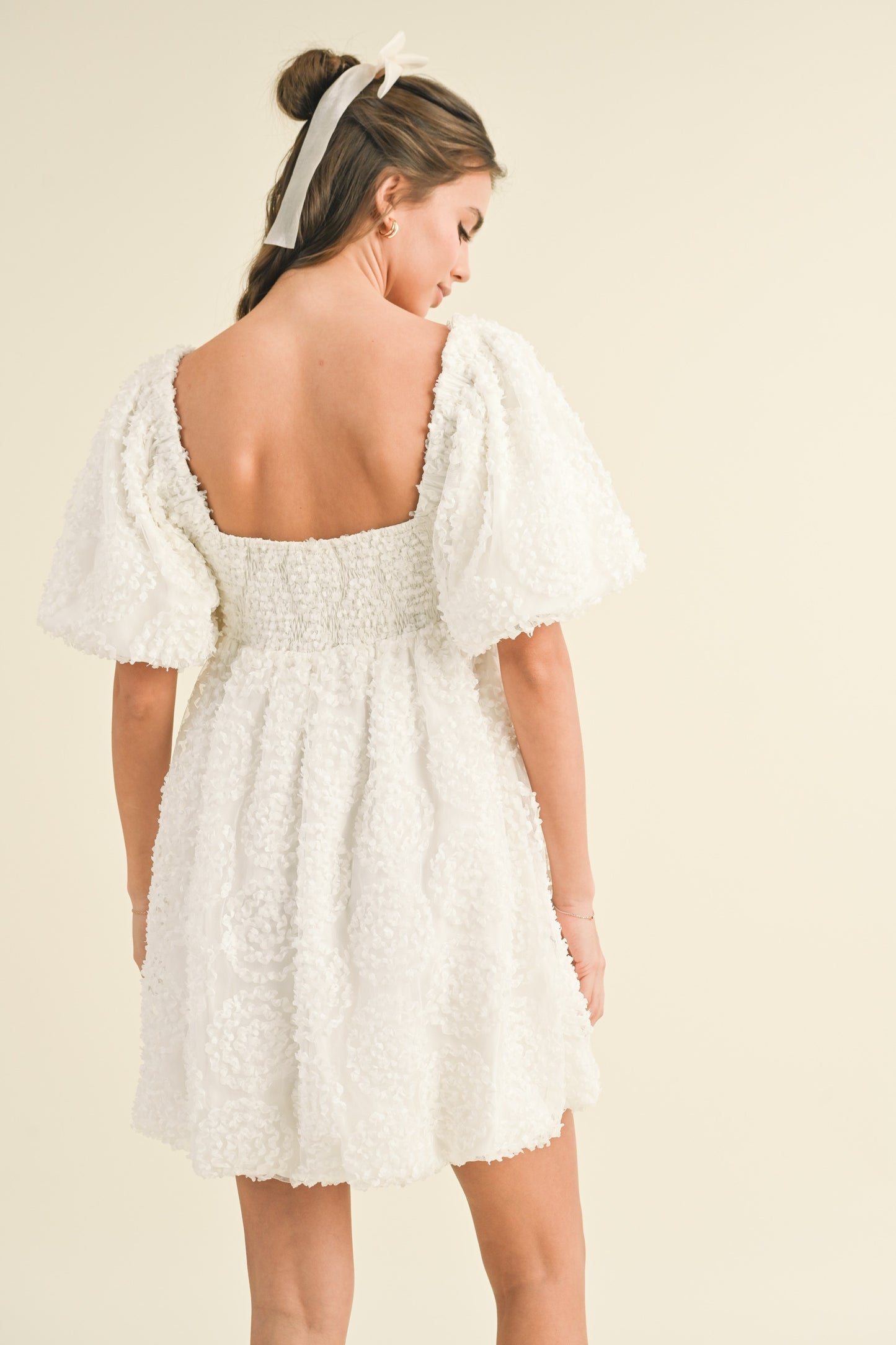 3d Aplique Mesh Puff Sleeve Balloon Mini Dress