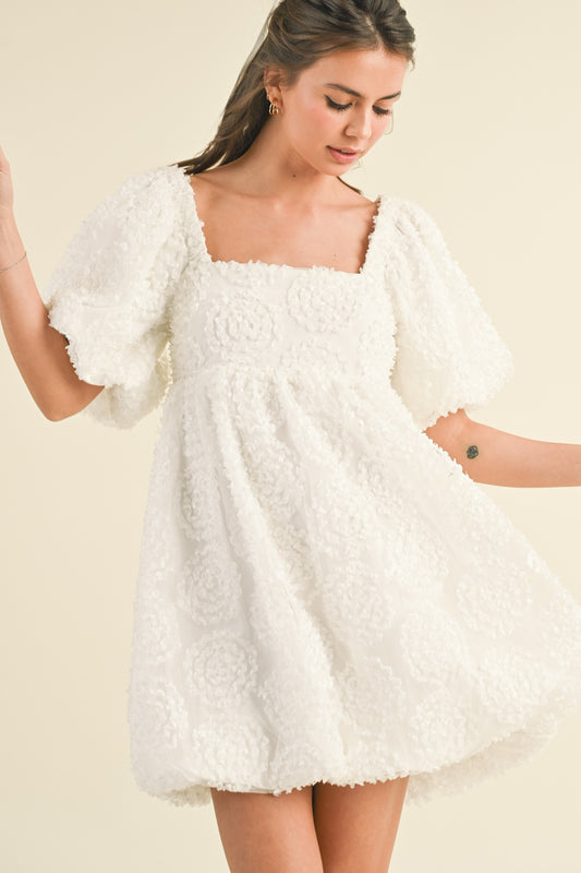 3d Aplique Mesh Puff Sleeve Balloon Mini Dress