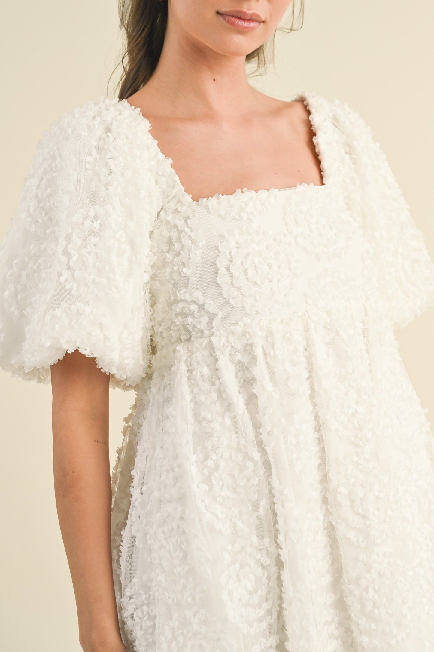 3d Aplique Mesh Puff Sleeve Balloon Mini Dress