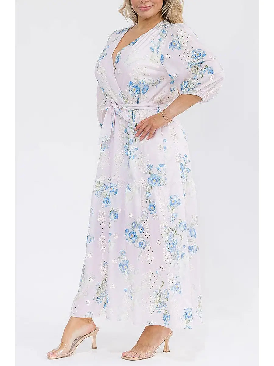 Surplice Self Tie Eyelet Floral Print Maxi Dress