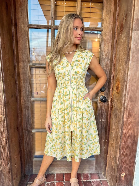DROP SHOULDER SMOCKED WAIST FRONT ZIP PRINTED MIDI DRESS WITH POCKETS yellow