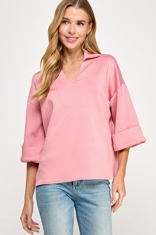 collared knit top scuba material top