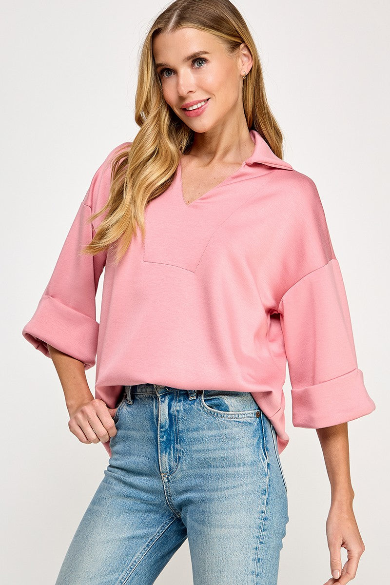 collared knit top scuba material top