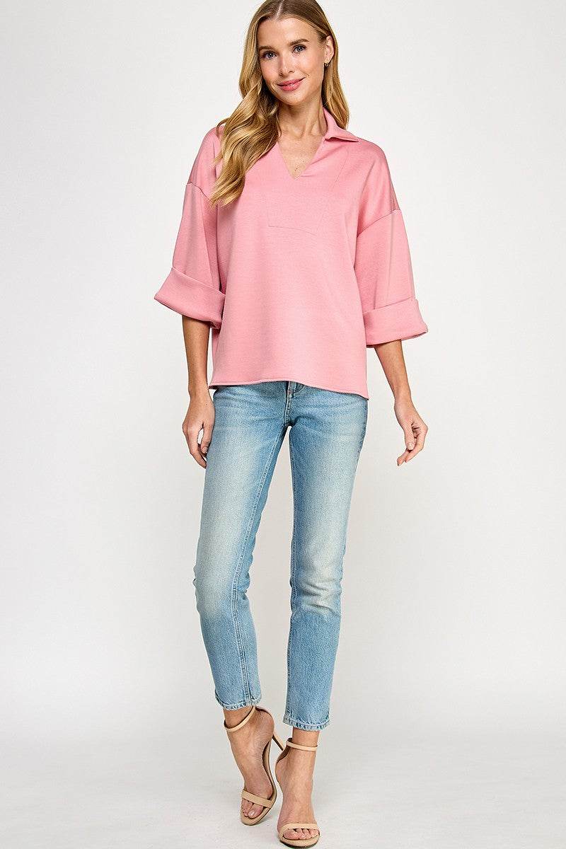 collared knit top scuba material top