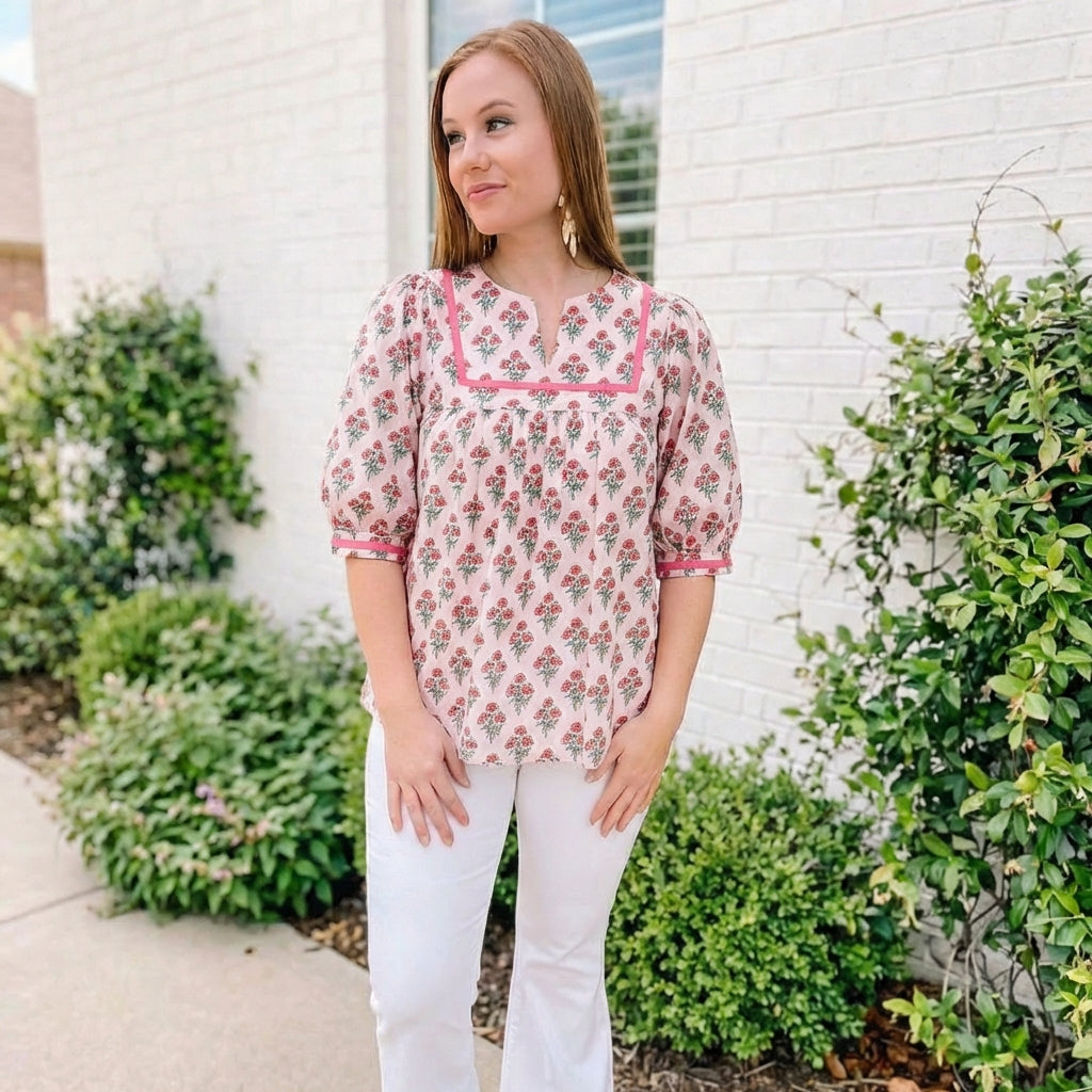 1/2 SLEEVE PRINTED TOP PINK