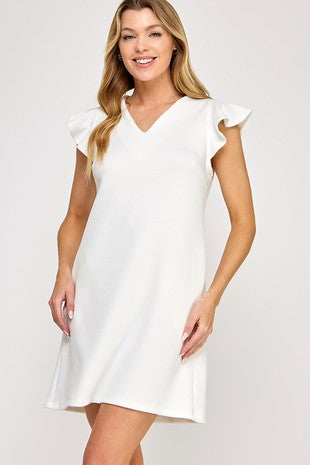 white scuba shift dress V neckline Flutter cap sleeve
