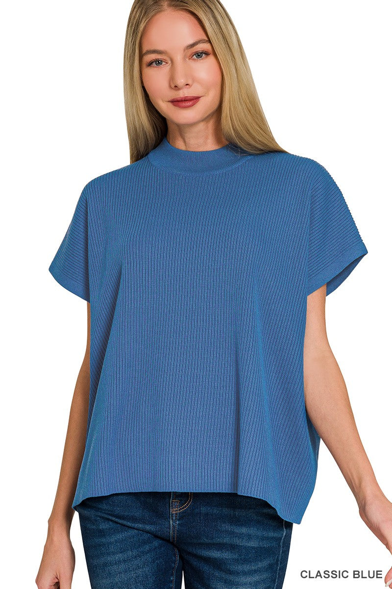 Viscose Mock Neck Short Sleeve Boxy Sweater