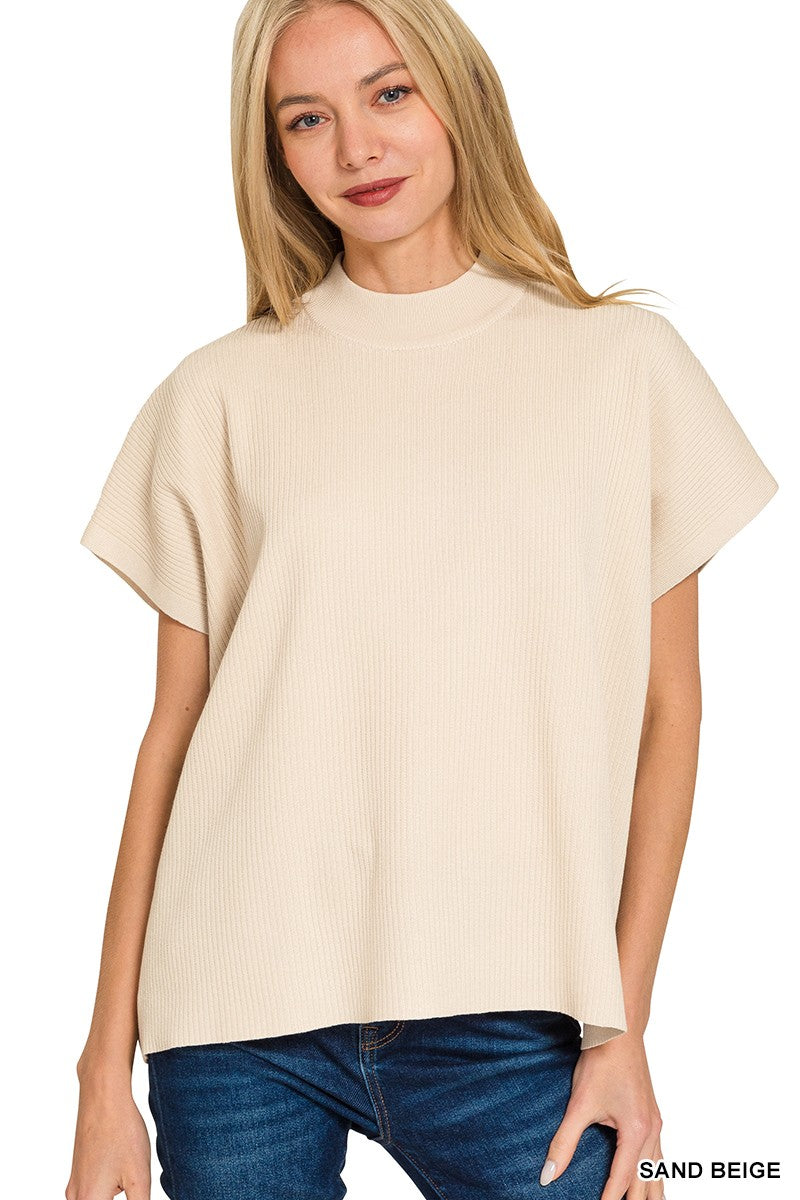 Viscose Mock Neck Short Sleeve Boxy Sweater
