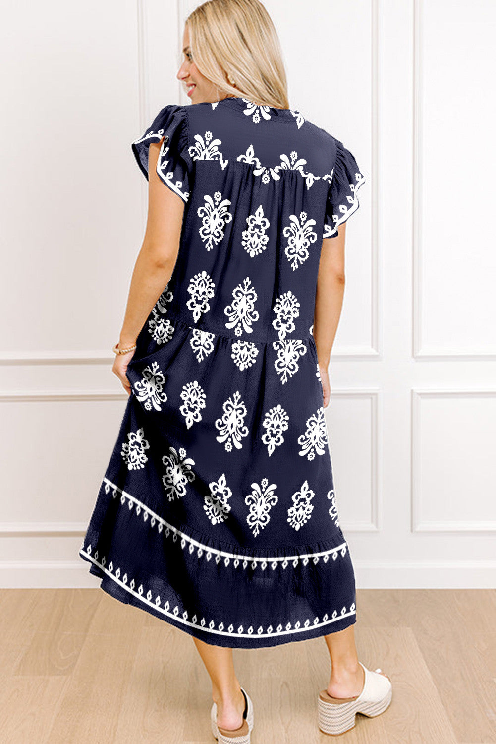 Navy Print Notched Neck Short Sleeve Midi Dress