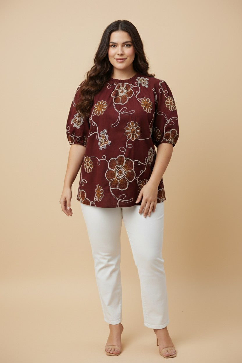 Plus Daisy Embroidered Puff Sleeve Top