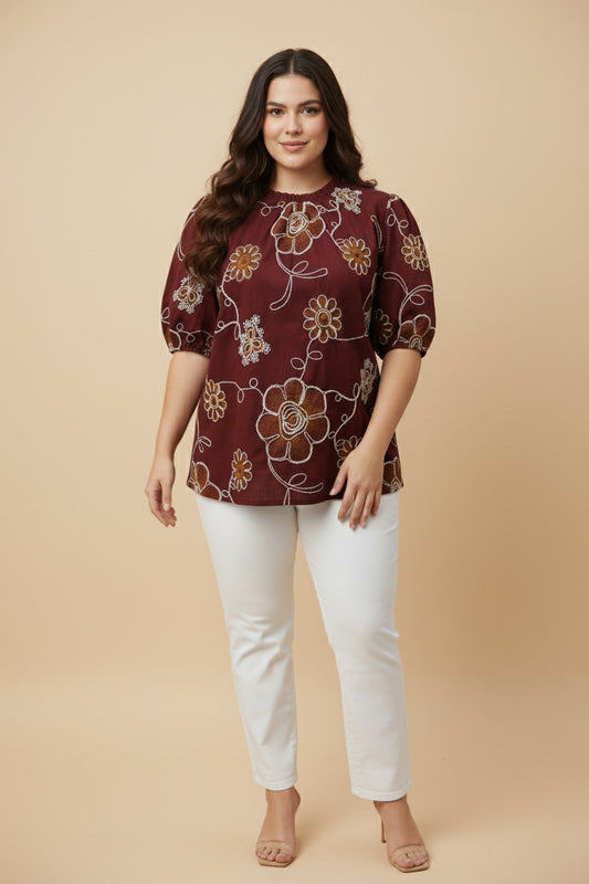 Plus Daisy Embroidered Puff Sleeve Top