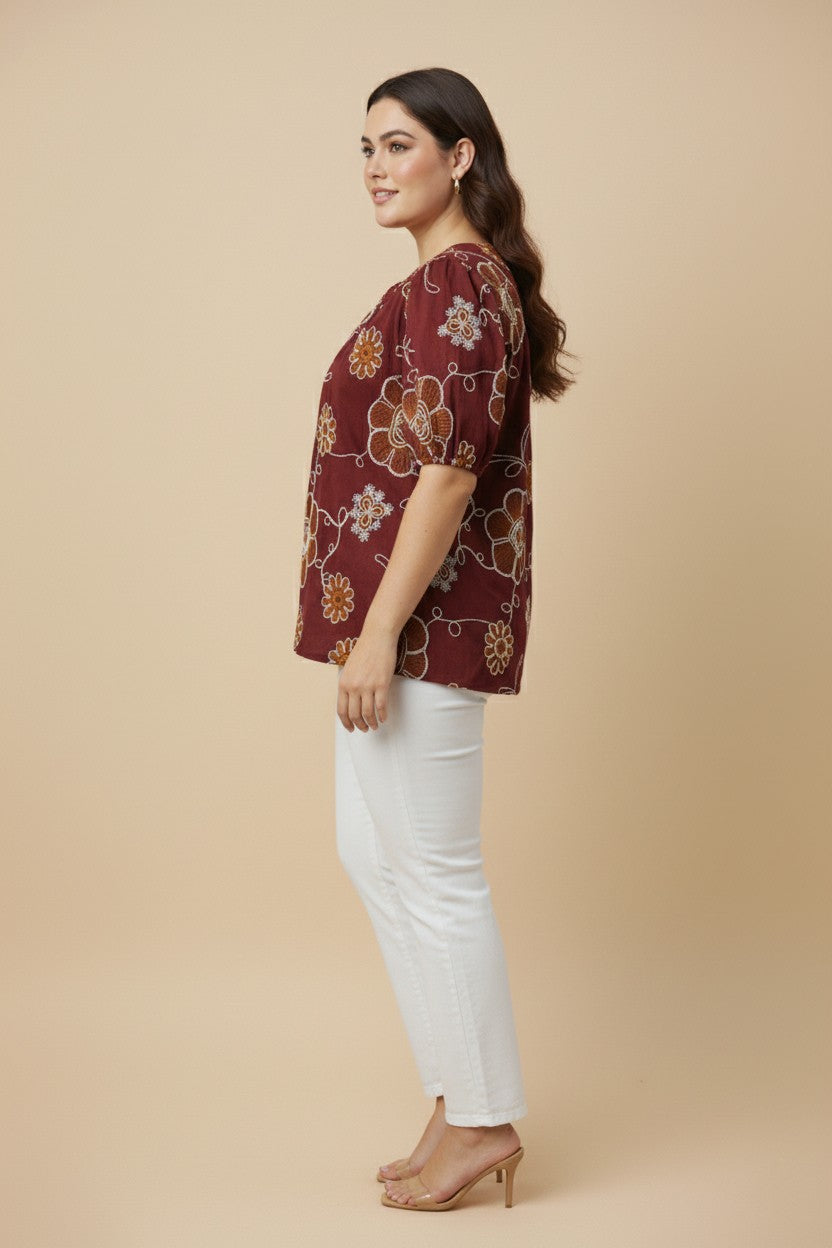Plus Daisy Embroidered Puff Sleeve Top